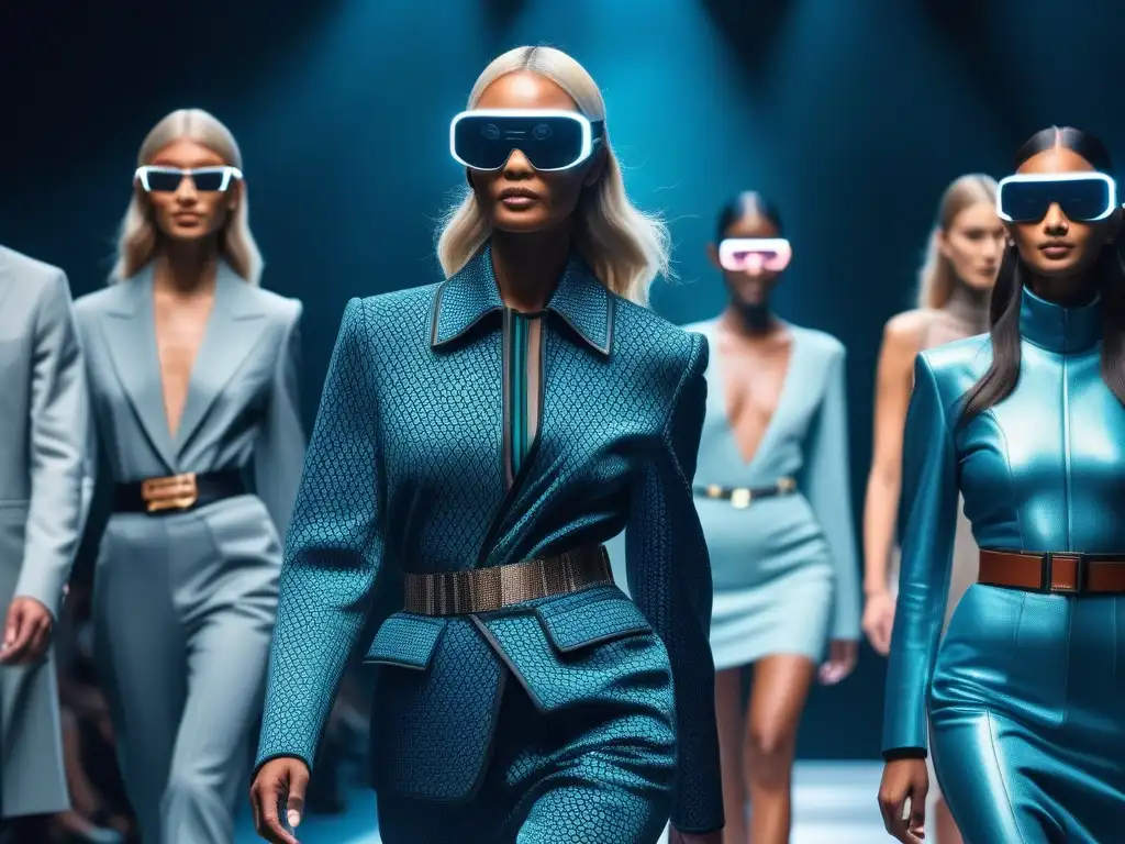 Desfile futurista: moda y tecnología fusionadas en AR Un desfile futurista de modelos de moda diversos con gafas de realidad aumentada, fusionando tecnología y estilo de forma inclusiva