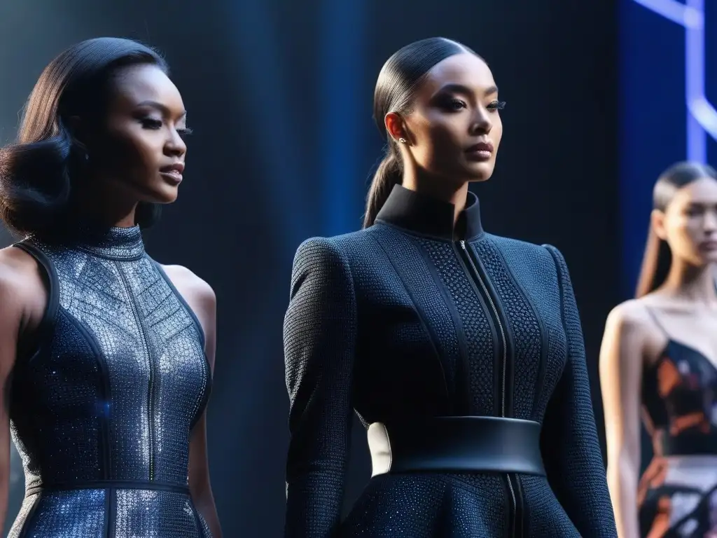 Desfile inclusivo de moda futurista con tecnología innovadora Un desfile futurista con modelos diversos mostrando moda inclusiva con innovaciones tecnológicas en un entorno futurista