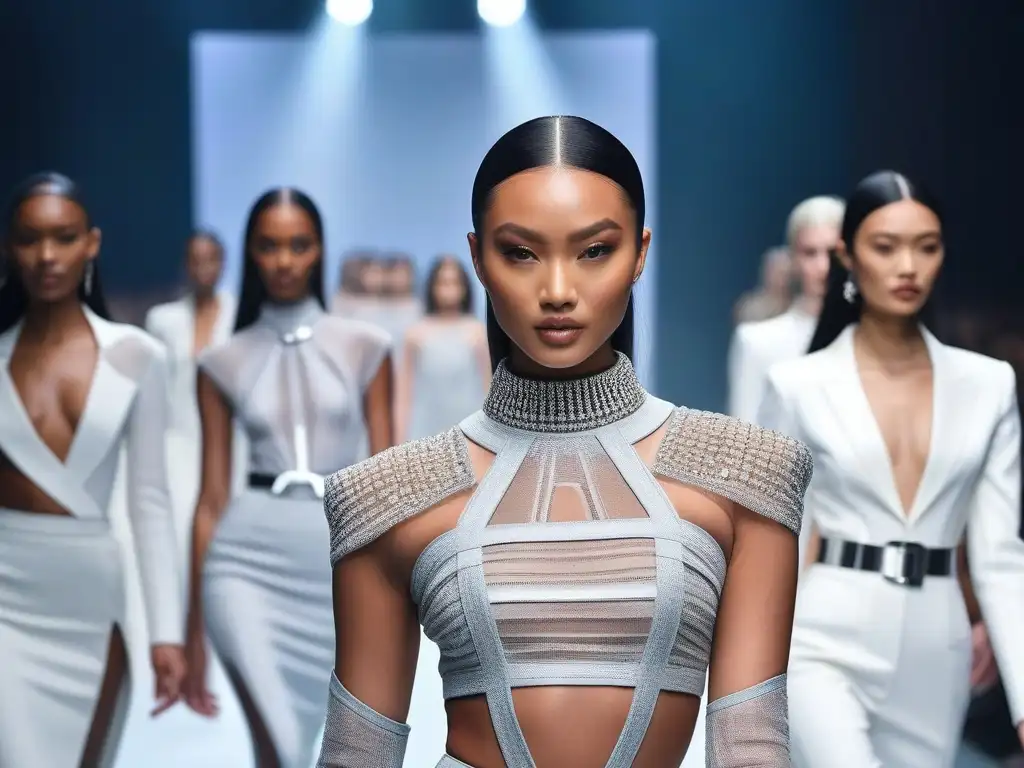 Desfile de moda inclusivo: modelos petite empoderadas en pasarela futurista Desfile futurista con modelos petite de diversas etnias, mostrando estilo y diversidad corporal en marcas de moda petite