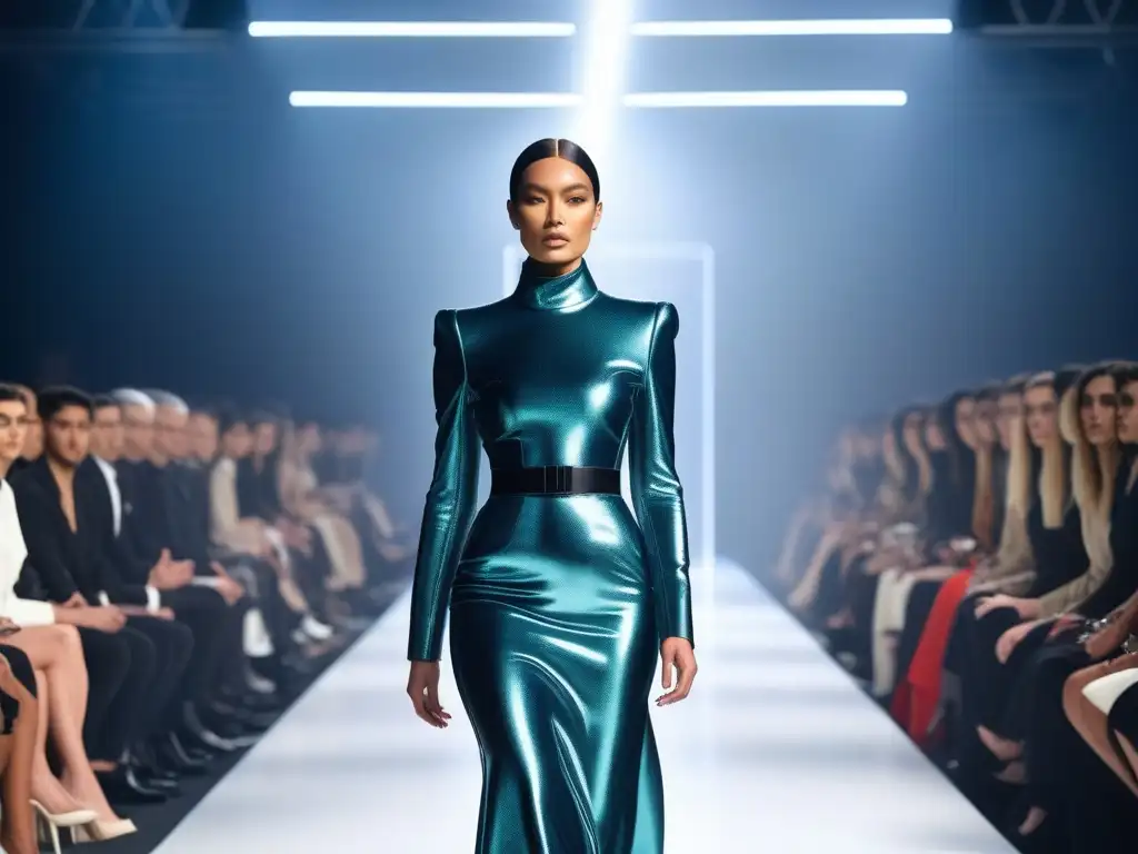 Moda futurista: Pasarela inclusiva en alta resolución Un desfile futurista con modelos en prendas de tecnología tejidos adaptativos moda inclusiva