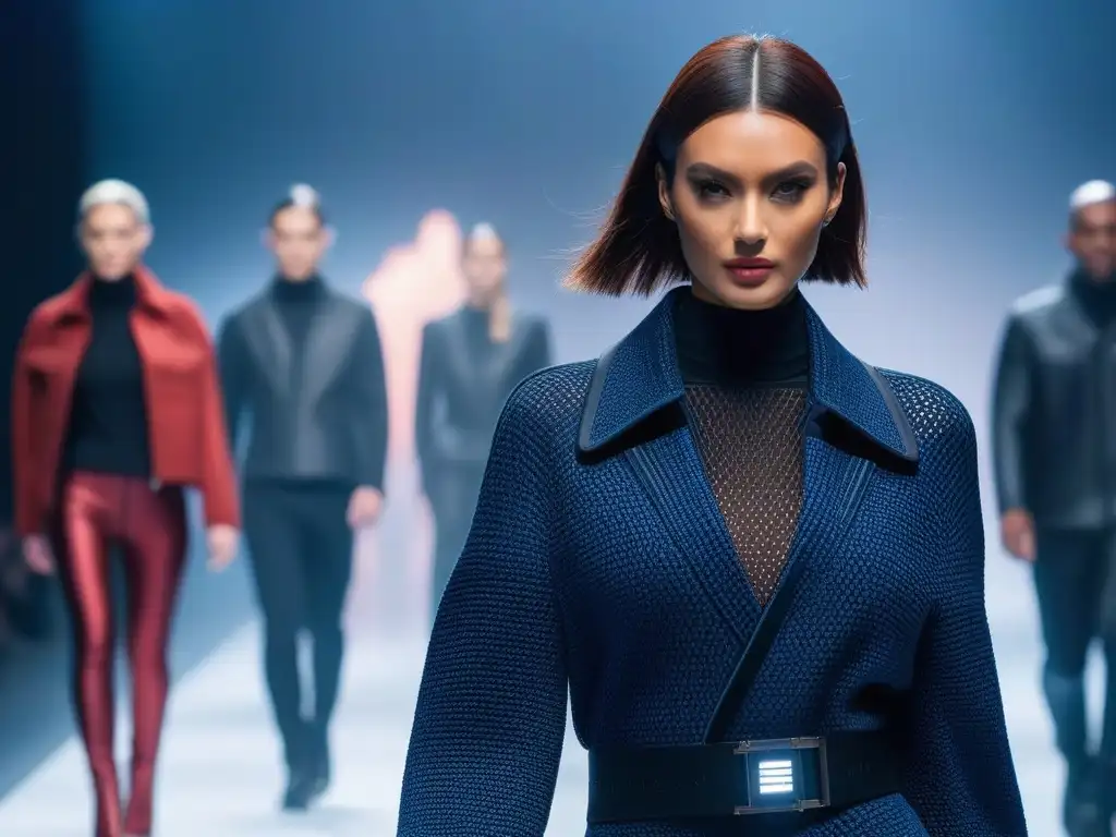 Desfile futurista: moda tecnológica para todos los climas Desfile futurista con modelos desfilando en ropa tecnológica para diferentes climas