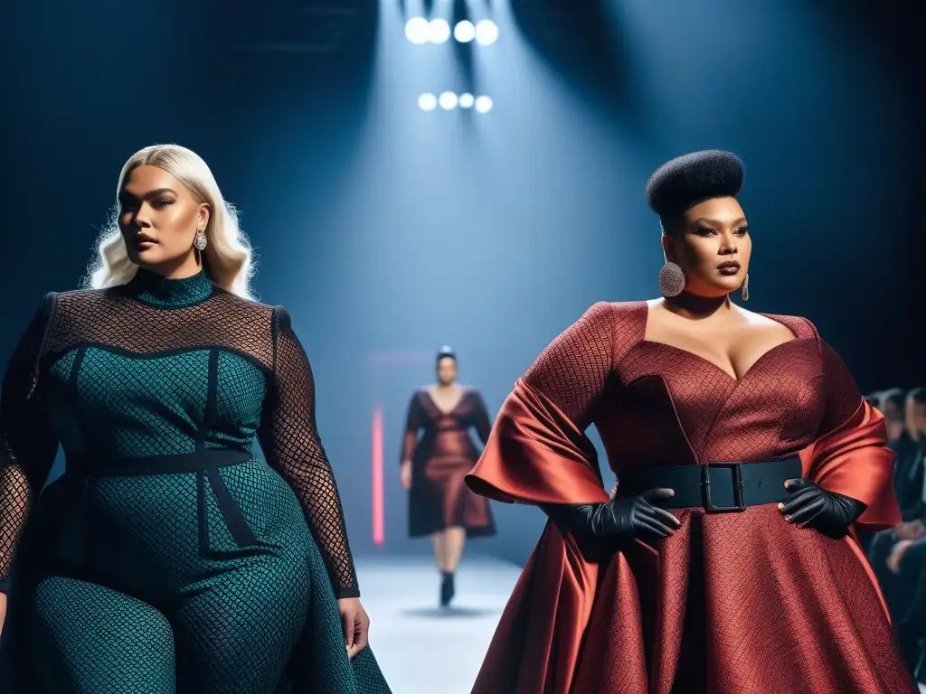 Desfile vanguardista de moda plussize: creatividad y empoderamiento Desfile futurista de modelos tallas grandes con patronaje avanzado y tendencias de moda, empoderamiento y estilo