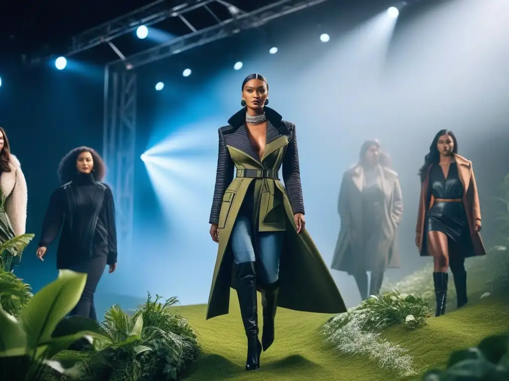 Pasarela sostenible: moda diversa y ecochic Un desfile futurista de modelos de diferentes tallas y etnias, luciendo marcas moda tallas específicas sostenibles con estilo y conciencia ambiental