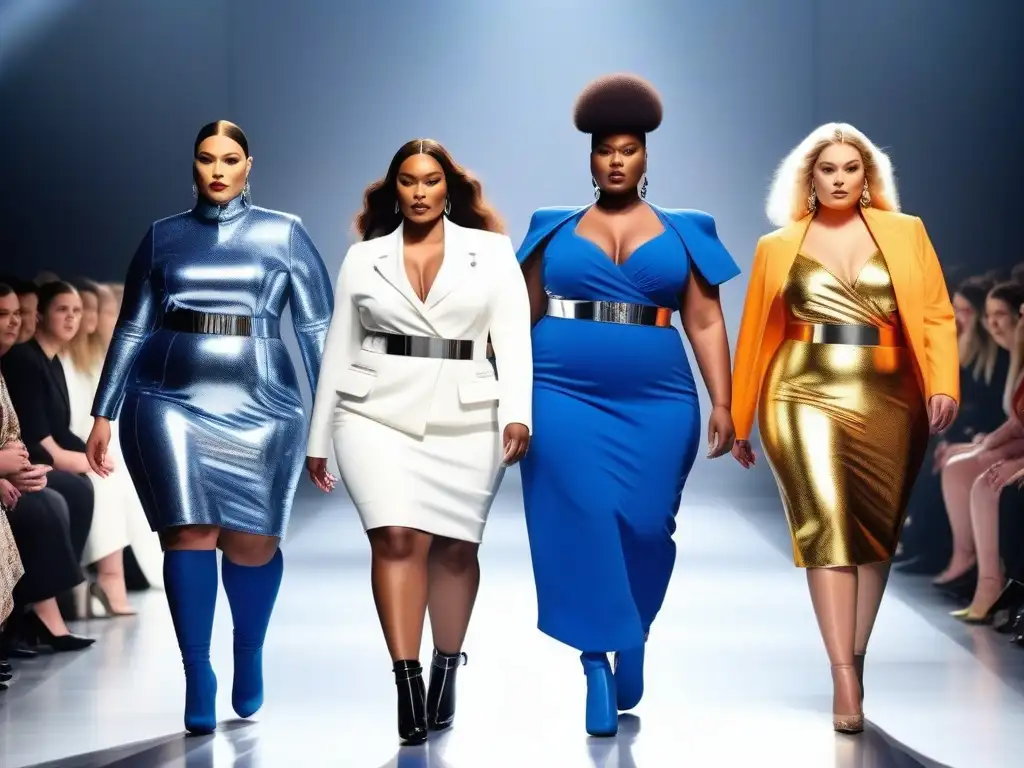 Desfile plussize: moda vanguardista y empoderamiento Desfile futurista de modelos de tallas grandes luciendo materiales innovadores en vibrantes colores, reflejando sofisticación y vanguardia en la moda