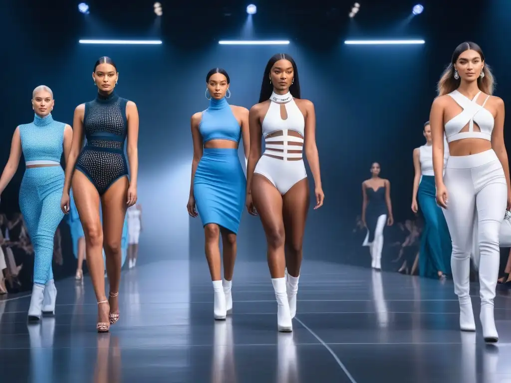 Desfile futurista: moda inclusiva y tecnología avanzada Un desfile futurista con modelos diversos luciendo tecnología wearable, representando la moda inclusiva para todos cuerpos