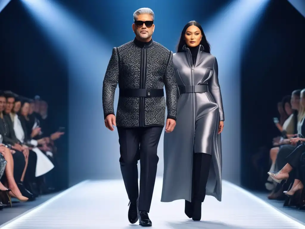 Desfile inclusivo: moda adaptativa en pasarela futurista Un desfile futurista con modelos diversos usando Tejidos Adaptativos en Moda Inclusiva