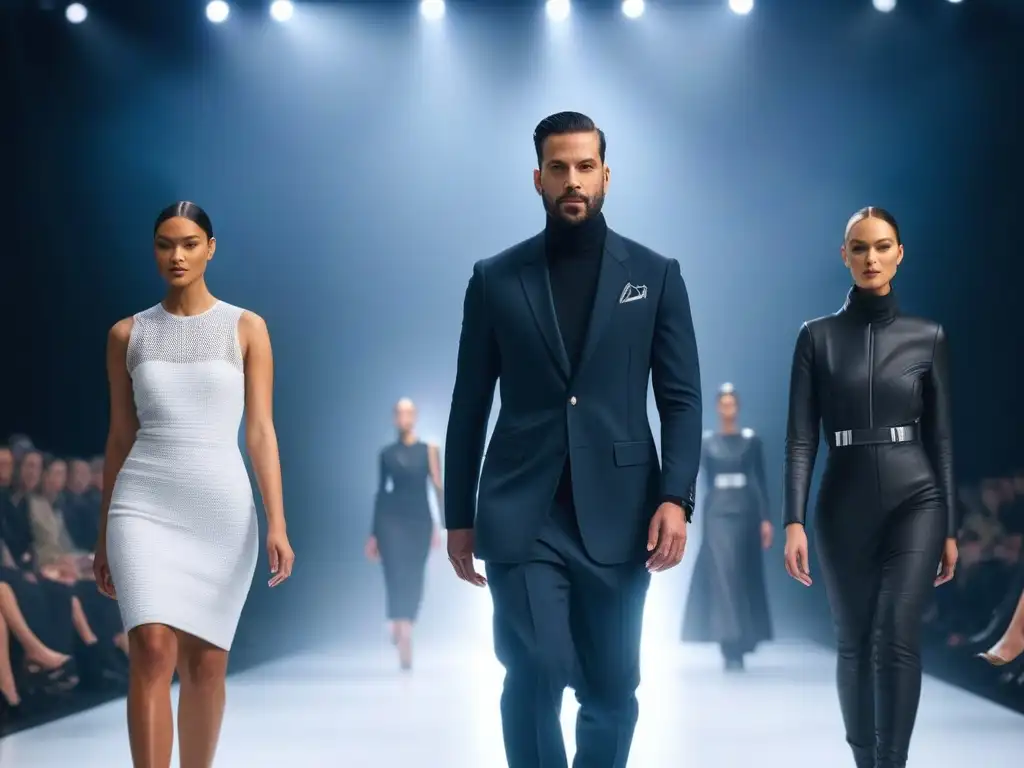 Desfile futurista de moda inclusiva con telas adaptativas innovadoras Desfile futurista de modelos con tejidos adaptativos para moda inclusiva