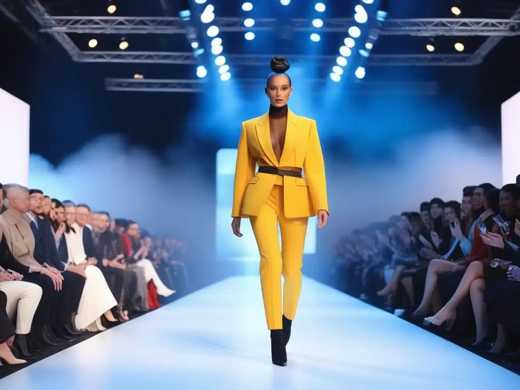 Desfile futurista: moda tecnológica y empoderamiento Desfile futurista con modelos en telas adaptativas, mostrando moda inclusiva con tecnología innovadora