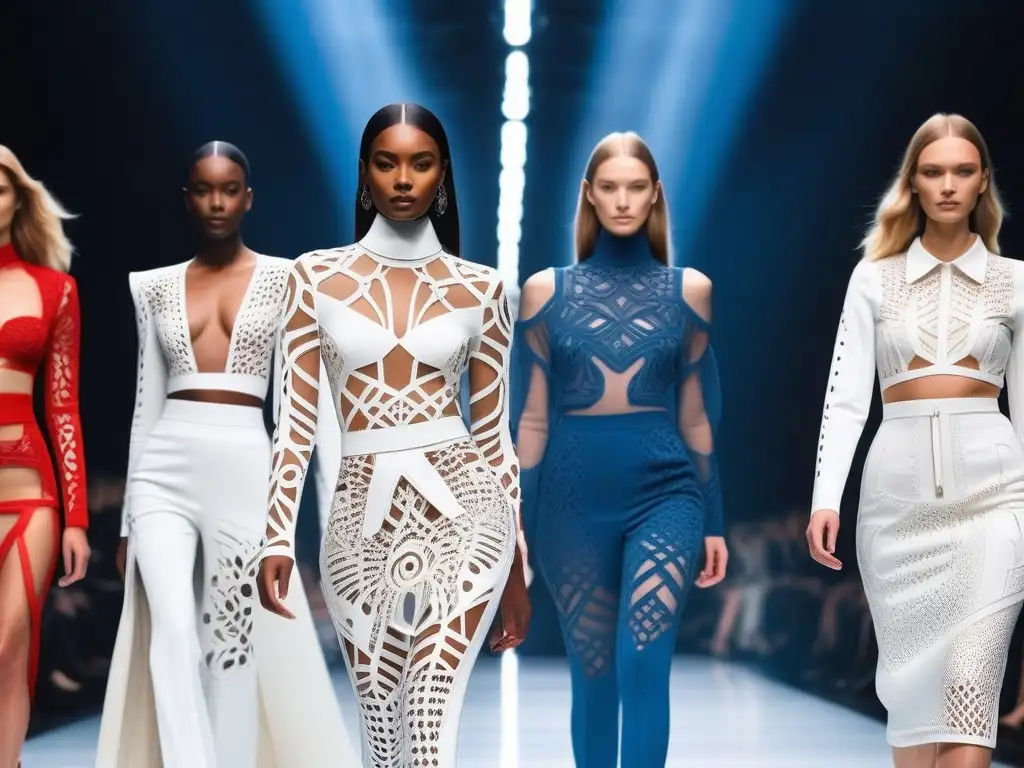 Desfile futurista: modelos diversos lucen prendas láser Un desfile futurista con modelos de todos los tipos de cuerpo luciendo ropa cortada láser personalizada, fusionando tecnología y moda