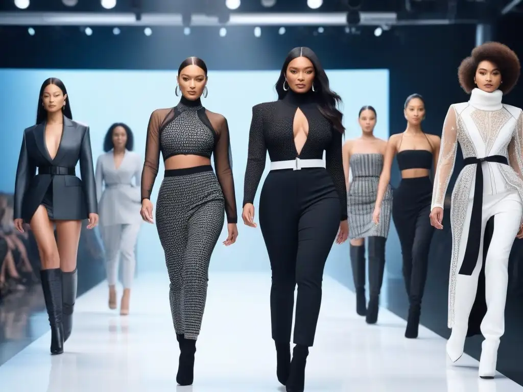 Pasarela futurista: moda inclusiva y diversa Un desfile futurista de modelos diversos usando wearables premium, destacando la moda inclusiva y la diversidad