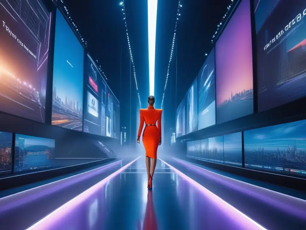 Desfile de moda futurista con tecnología y datos en tiempo real Un desfile futurista en una pasarela elegante, con pantallas digitales mostrando datos en tiempo real y modelos luciendo diseños vanguardistas