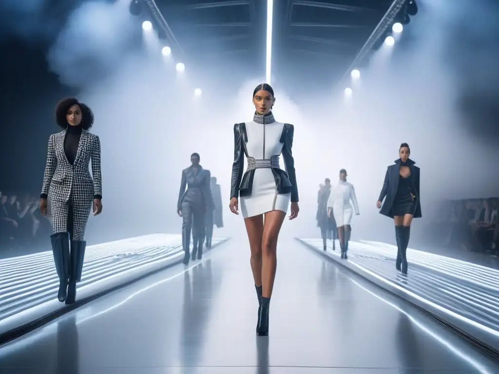 Desfile futurista de moda sostenible y diversa Desfile futurista de wearables moda sostenible inclusiva con modelos diversos en pasarela elegante