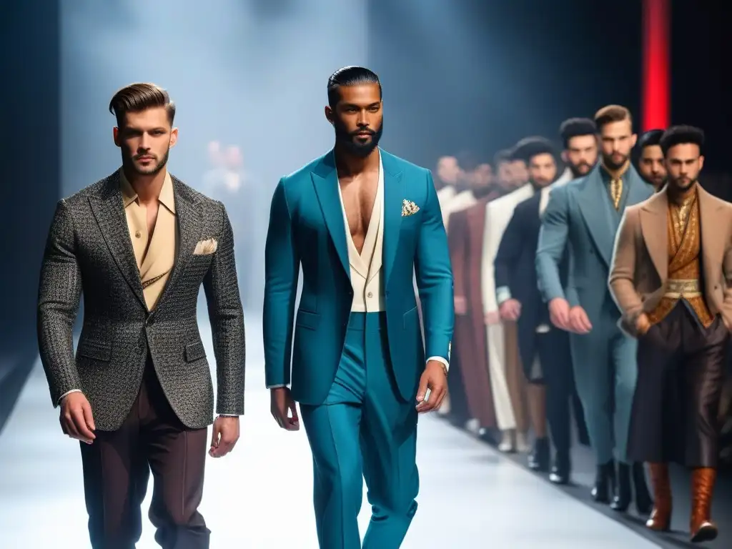 Desfile de moda masculina inclusiva a lo largo de la historia Desfile histórico de moda masculina inclusiva con modelos variados luciendo estilos de diferentes épocas y culturas