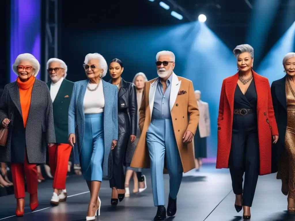 Desfile senior inclusivo y moderno Desfile de moda senior inclusiva y diversa con modelos seguros y únicos en una pasarela futurista