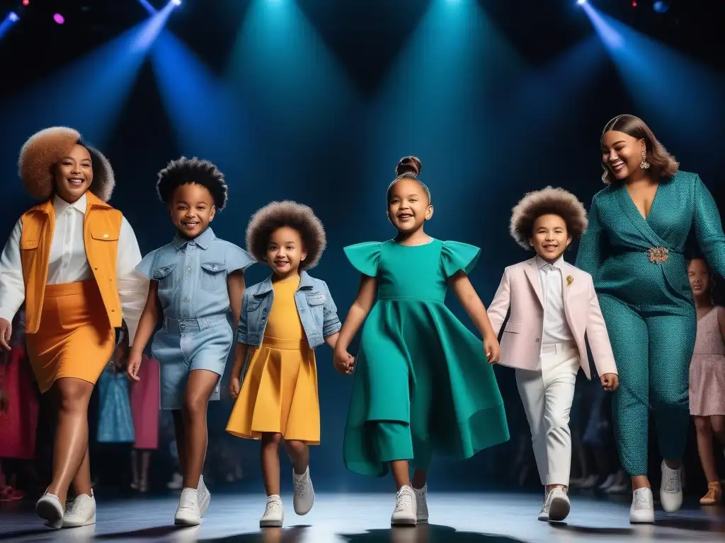 Desfile inclusivo de moda infantil: diversidad, estilo y empoderamiento Un desfile inclusivo y alegre de niños de diferentes etnias, habilidades y estilos corporales, mostrando moda infantil inclusiva
