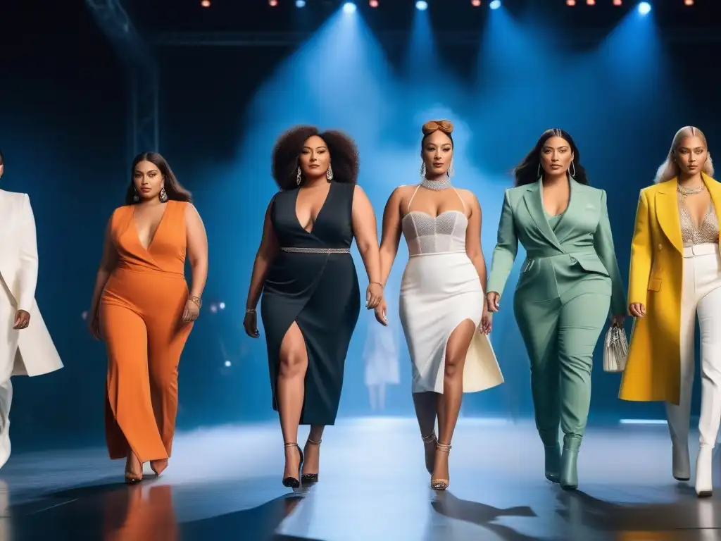 Desfile de moda inclusivo: mujeres diversas empoderadas en pasarela Un desfile inclusivo y empoderado de mujeres diversas en la moda, reflejando fuerza y confianza en una pasarela futurista