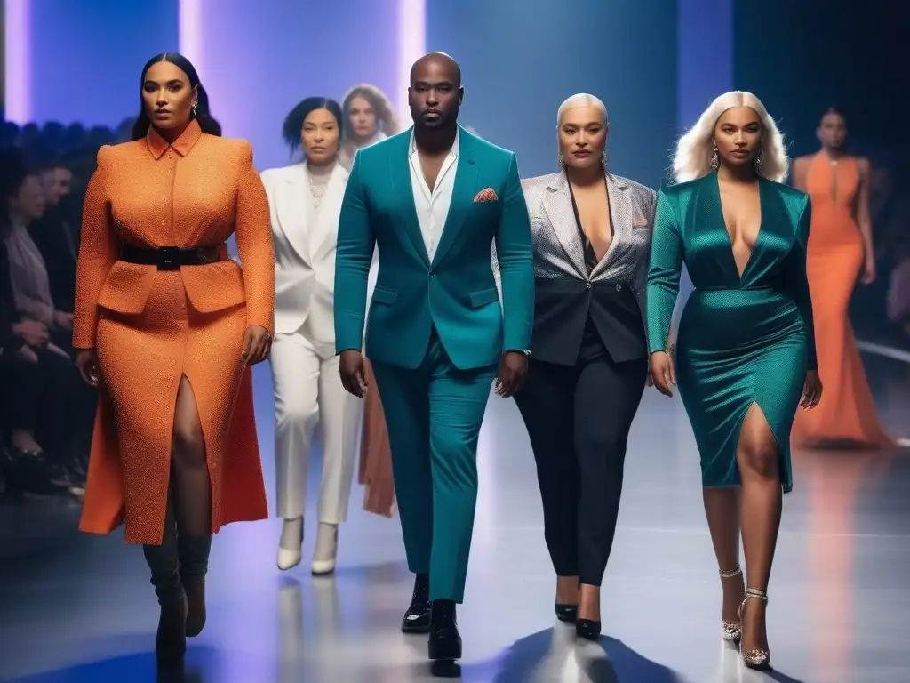 Desfile inclusivo: diversidad y empoderamiento en la moda Un desfile inclusivo y empoderador de moda para todos cuerpos, con modelos diversos y con discapacidades, en una pasarela futurista