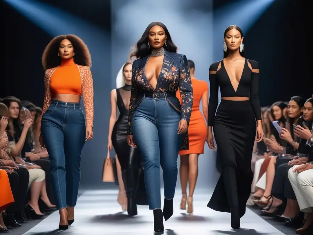 Desfile inclusivo: moda moderna y diversidad en la pasarela Un desfile inclusivo global de moda con modelos diversos caminando con confianza por la pasarela, exhibiendo diseños modernos y variados