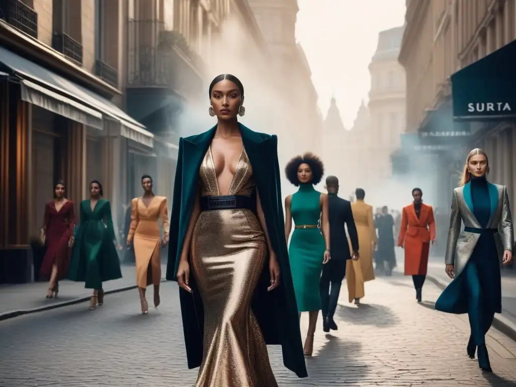 Desfile de moda multicultural en la ciudad Un desfile inclusivo de moda de lujo en la ciudad, representando la democratización de la moda y el ecommerce inclusivo