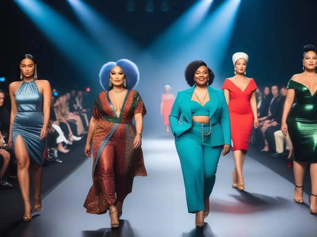 Desfile de moda inclusivo: diversidad en pleno brillo Un desfile inclusivo con modelos diversos y público variado, celebrando la moda inclusiva y responsabilidad social