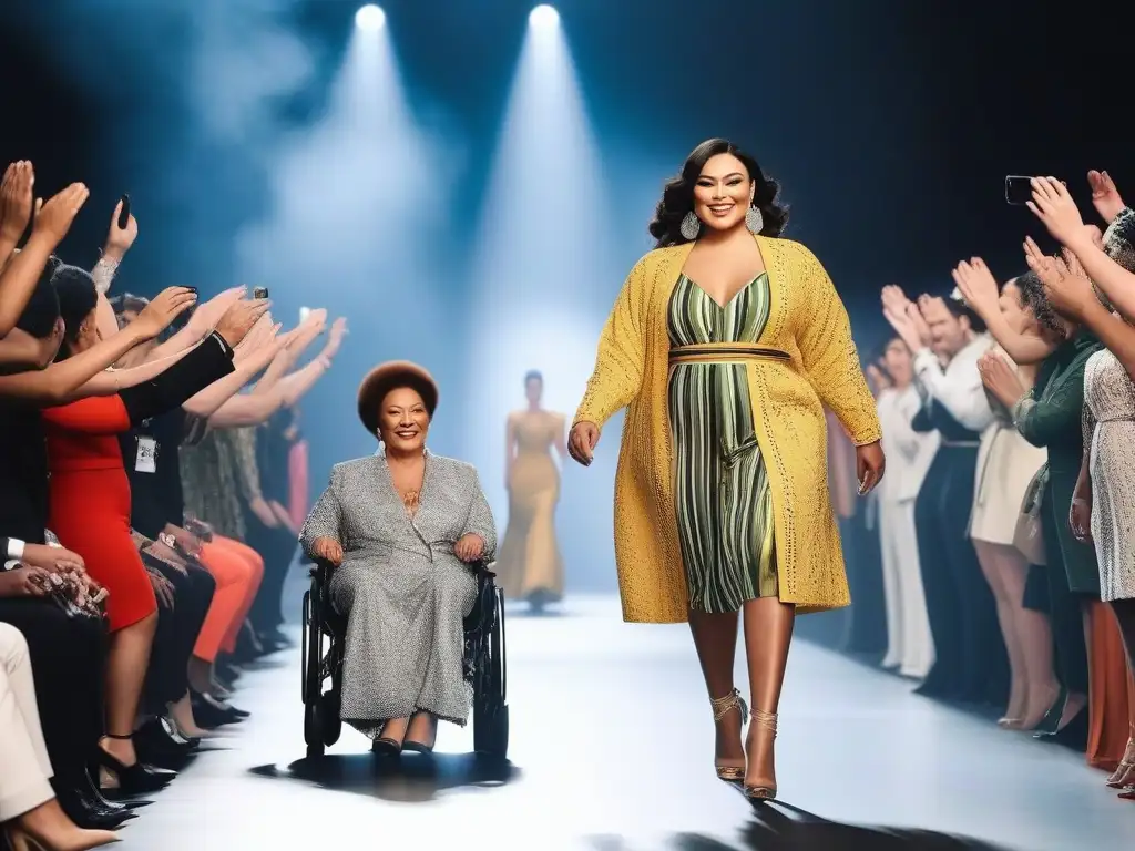 Pasarela inclusiva: diversidad y empoderamiento en la moda Un desfile inclusivo con modelos diversos y público variado aplaudiendo, simbolizando la influencia de la moda inclusiva en cambios sociales