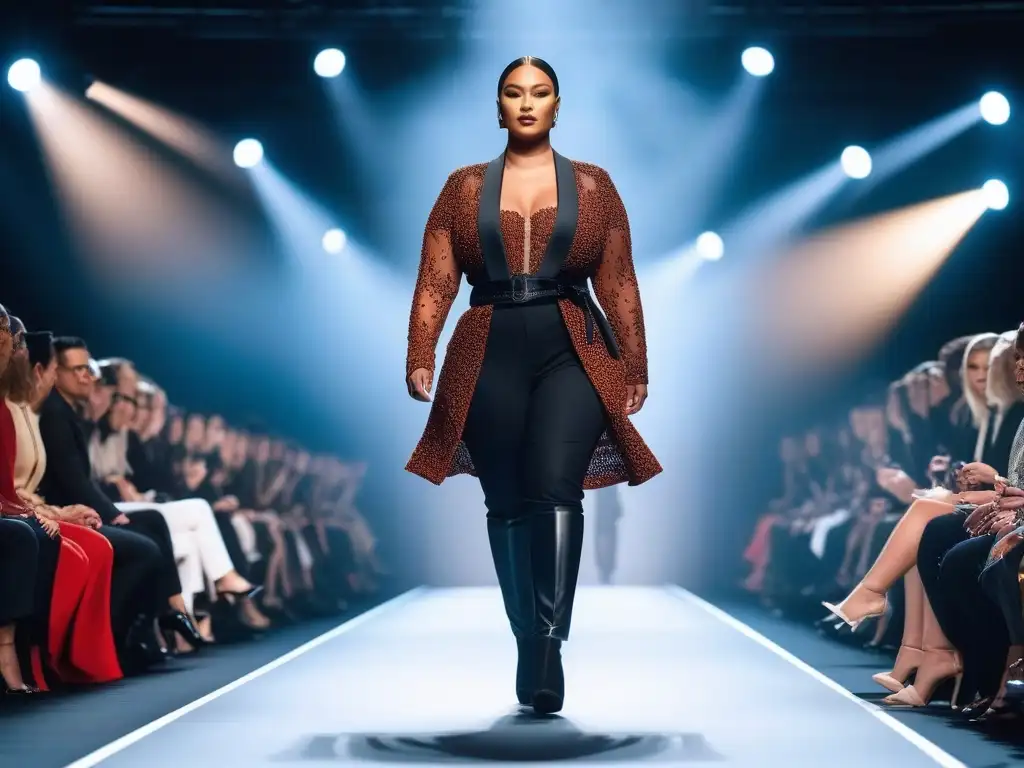 Desfile inclusivo con modelos diversos luciendo moda única en una pasarela moderna y brillante