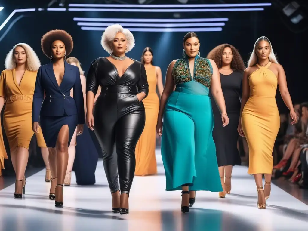 Desfile inclusivo: moda diversa y empoderamiento Desfile inclusivo de modelos de diferentes tipos de cuerpo, colores de piel y edades luciendo diseños de moda variados