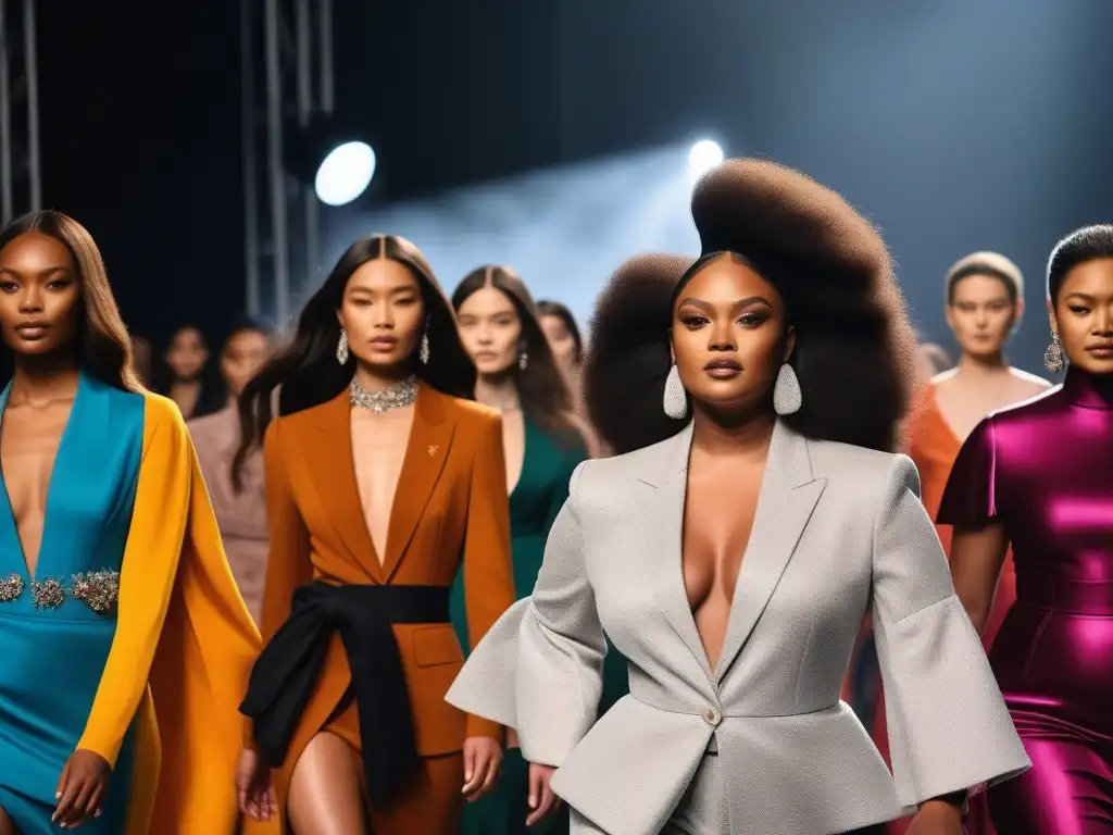 Pasarela inclusiva: diversidad y empoderamiento en la moda Un desfile inclusivo y vibrante con modelos de diversas etnias y cuerpos caminando con confianza en alta moda