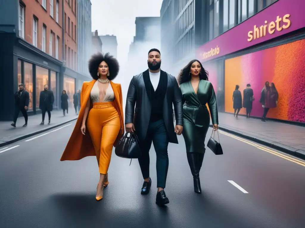 Moda inclusiva: influencers empoderadas en la ciudad Un desfile de Influencers moda tall inclusivos, empoderados y estilosos, caminando por una bulliciosa calle de la ciudad
