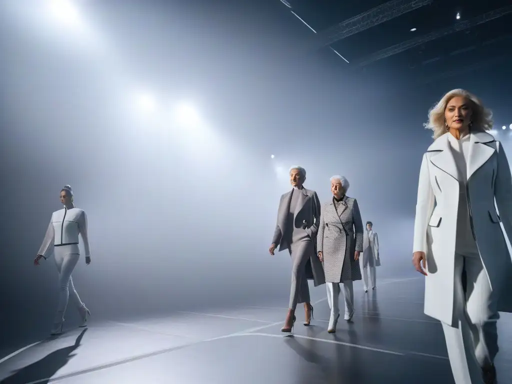Moda tecnológica para seniors en pasarela futurista Desfile de moda senior con innovaciones tecnológicas inclusivas en una pasarela futurista
