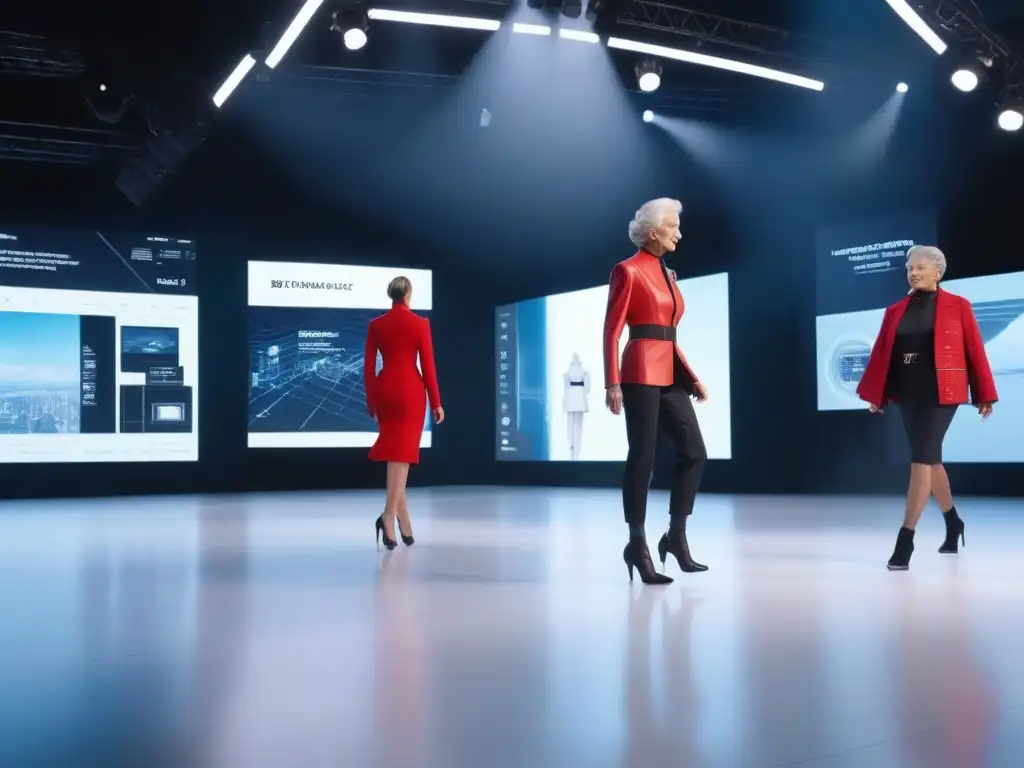 Desfile de moda futurista para seniors: tecnología y estilo se fusionan Desfile de moda senior innovadora con tecnología inclusiva en pasarela futurista