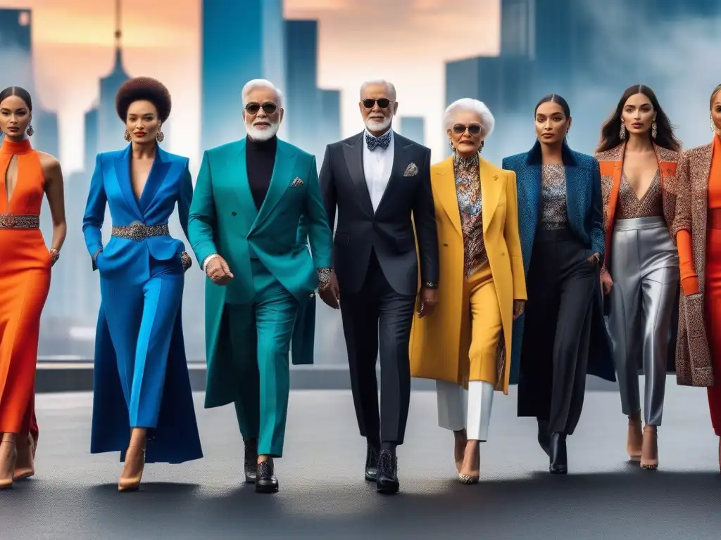 Desfile de moda senior: diversidad global y estilo cosmopolita Un desfile de moda senior internacional con modelos seguros y elegantes en una pasarela de alta costura
