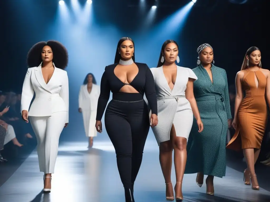 Desfile inclusivo: moda ética para todas las tallas y géneros Desfile de marcas moda tallas inclusivas éticas, modelos diversos con confianza y estilo en pasarela brillante y moderna