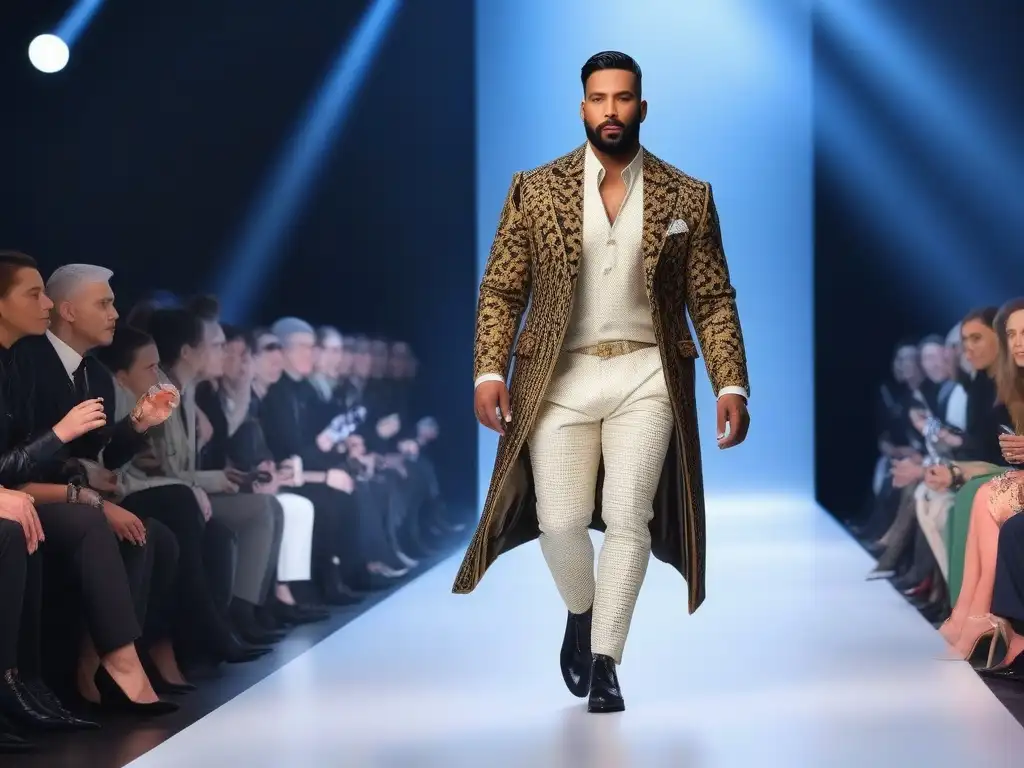 Desfile de moda inclusivo: amputados muestran prendas adaptadas Un desfile de moda adaptativa para amputados con diseños innovadores y elegantes en una pasarela moderna y luminosa