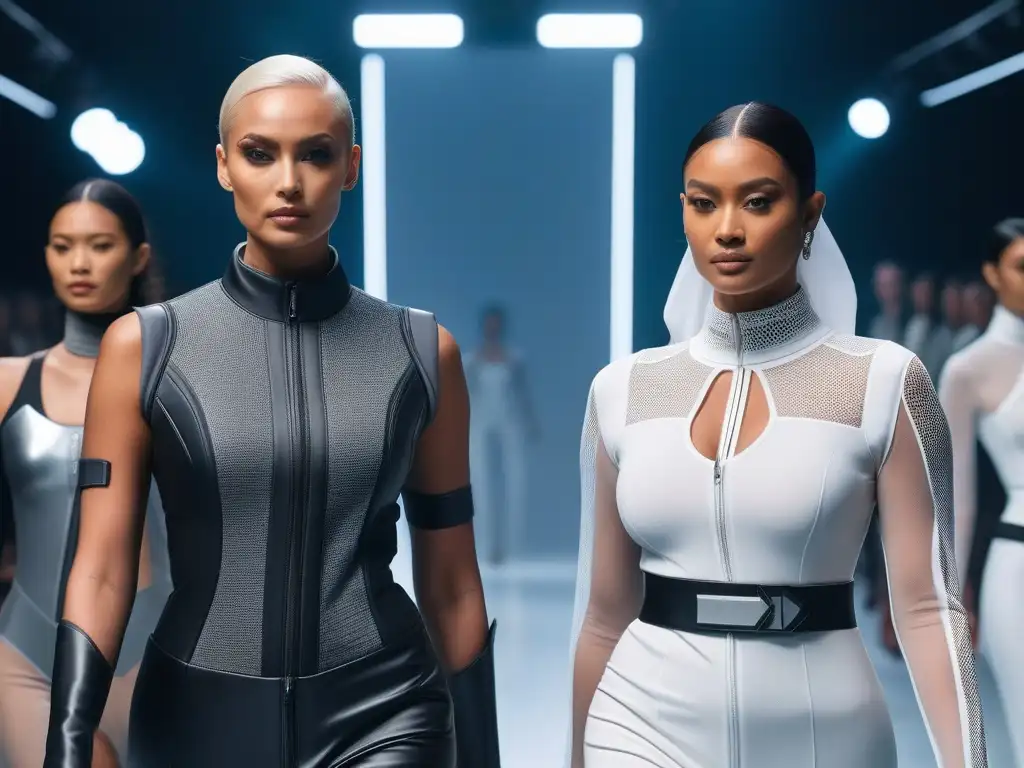 Desfile de moda inclusiva: diseñadores adaptativos en pasarela futurista Desfile de moda adaptativa para todos cuerpos en una pasarela futurista y elegante
