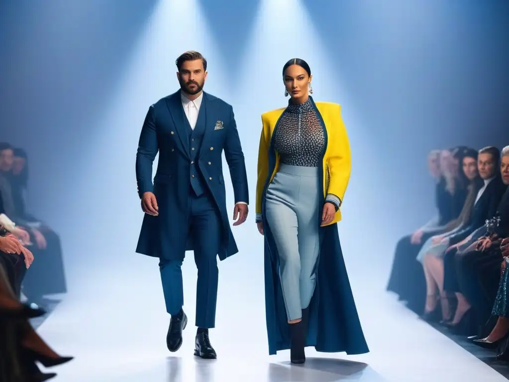 Desfile de moda inclusiva: diseño innovador para todos los cuerpos Desfile de moda adaptativa para todos cuerpos, con modelos diversos mostrando diseños innovadores en una pasarela futurista iluminada
