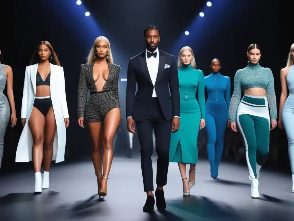 Desfile de moda adaptativa: diversidad y empoderamiento Desfile de moda adaptativa para todos cuerpos con diseños vanguardistas en una pasarela futurista iluminada