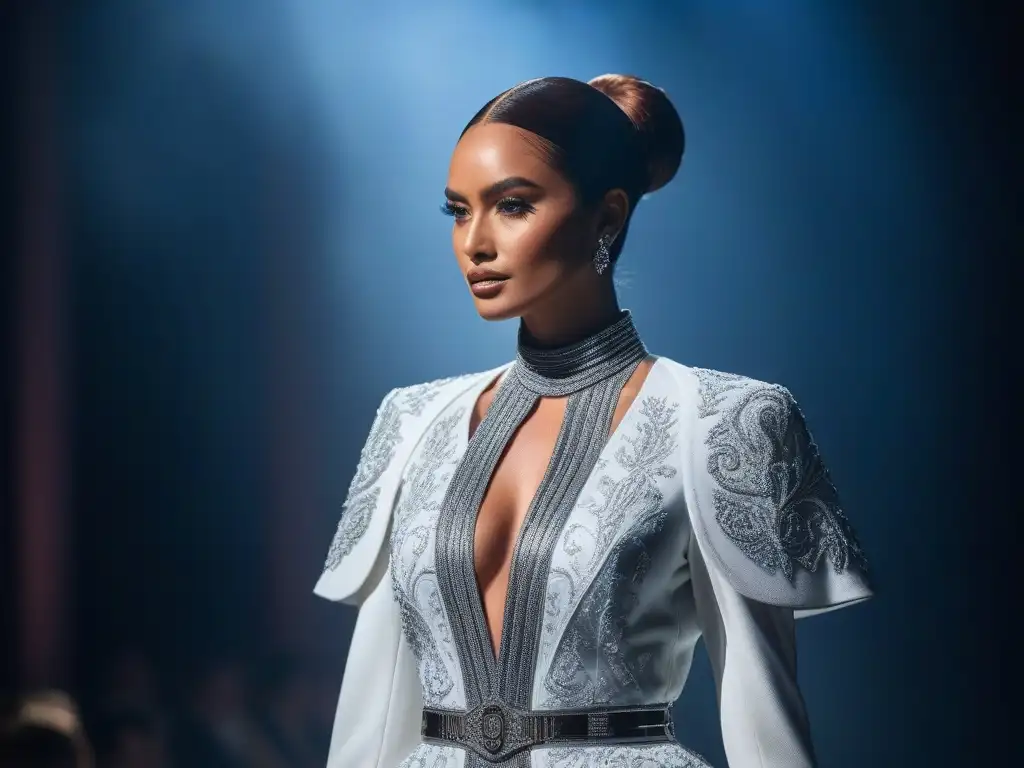 Desfile inclusivo: moda adaptable y lujosa para todos Desfile de moda adaptativa para todos cuerpos en una pasarela de lujo y estilo futurista