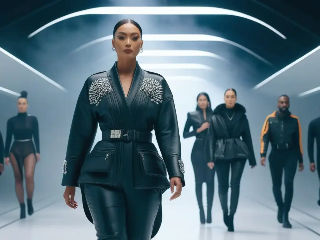 Desfile futurista de moda inclusiva y empoderada en 8k Desfile de moda adaptativa para todos cuerpos en pasarela futurista