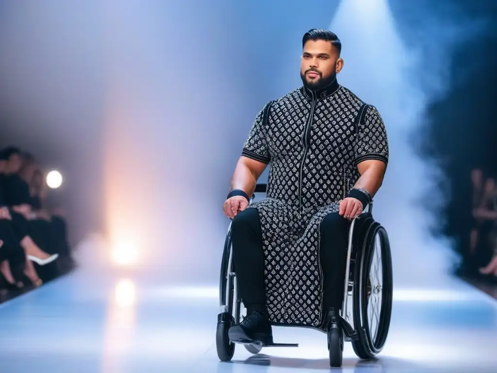 Empoderamiento inclusivo: desfile moda adaptativa Desfile de moda adaptativa para discapacidad con modelos seguros y orgullosos en la pasarela futurista