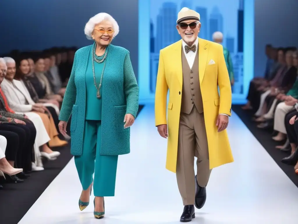Moda adaptativa para seniors: Desfile de elegancia funcional Desfile de moda adaptativa para todos: Seniors con elegancia y funcionalidad caminan en una pasarela futurista