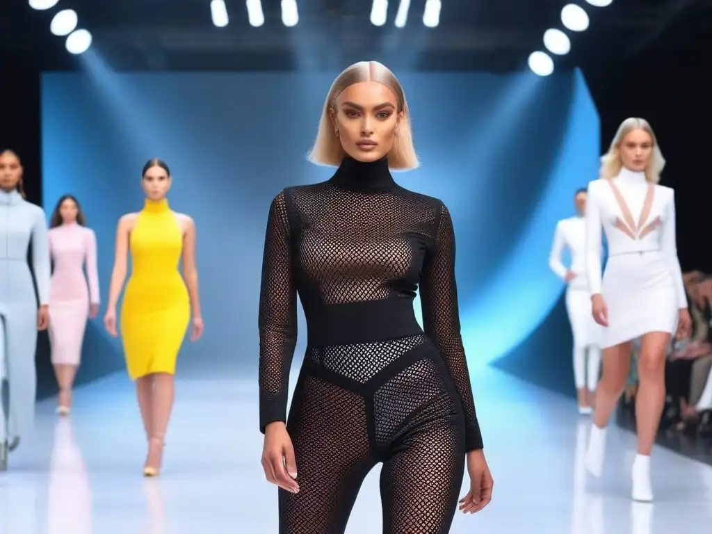 Desfile de moda inclusiva: innovación y estilo en la pasarela futurista Desfile de moda adaptativa inclusiva y atractiva con modelos diversos exhibiendo diseños innovadores y elegantes en una pasarela futurista