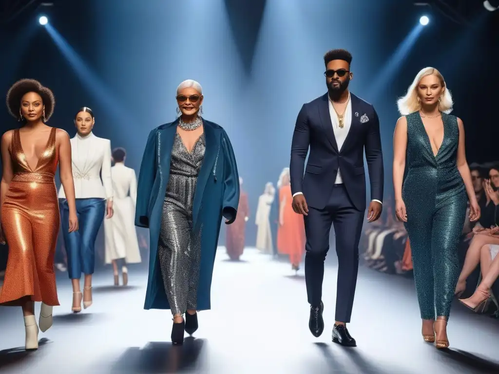 Desfile inclusivo de moda adaptativa: diversidad en la pasarela Desfile de moda adaptativa inclusiva y diversa con modelos de todas las edades, géneros y habilidades caminando confiados por la pasarela, luciendo elegantes diseños