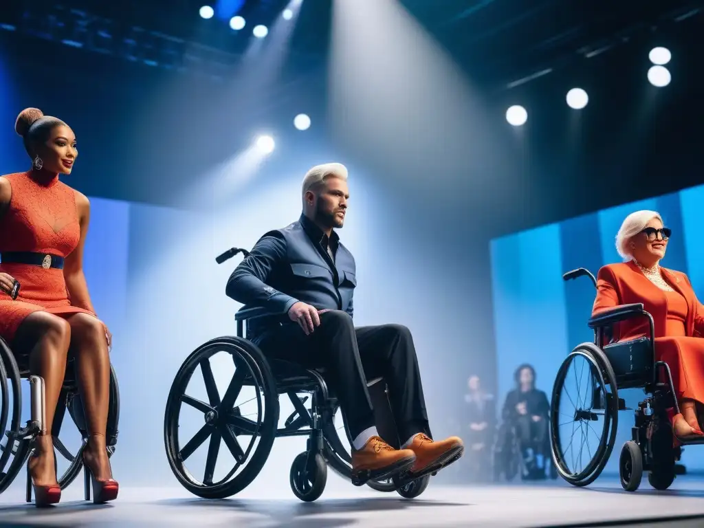 Desfile de moda inclusiva con modelos diversos en pasarela brillante Desfile de moda adaptativa inclusiva y diversa con modelos seguros de sí mismos y estilos variados en una pasarela brillantemente iluminada