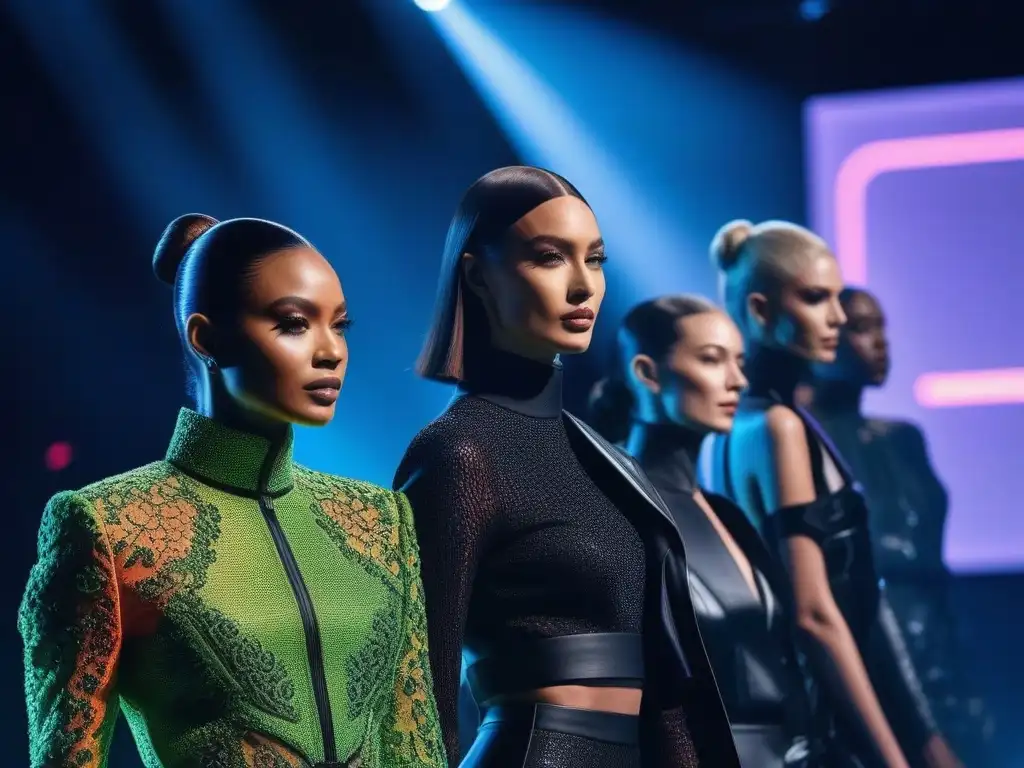 Desfile de moda adaptativa futurista: inclusión y tecnología Desfile de moda adaptativa inclusiva y diversa con prótesis y diseños innovadores en una pasarela futurista iluminada por luces de neón vibrantes