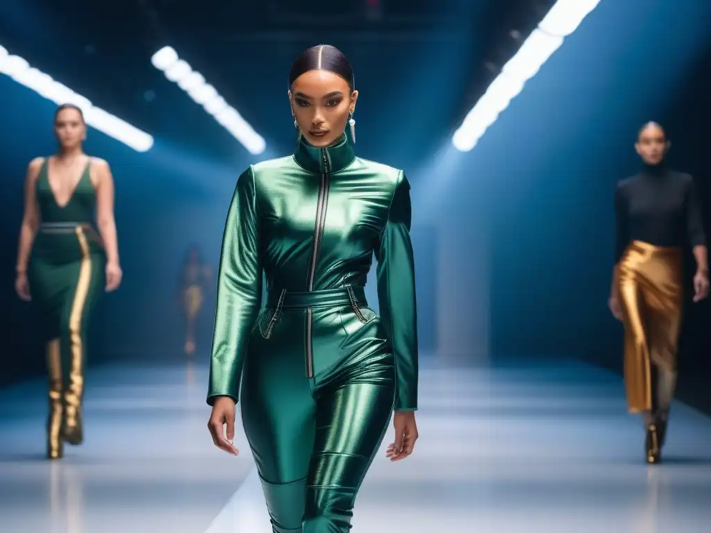 Desfile de moda inclusiva con diseño adaptativo en pasarela futurista Desfile de moda adaptativa inclusiva con modelos seguras y estilosas en pasarela futurista