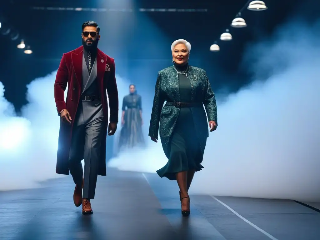 Desfile moda inclusiva: diversidad de modelos en pasarela Desfile de moda adaptativa inclusiva y diversa con modelos de diferentes edades, etnias y habilidades luciendo prendas estilosas en una pasarela moderna y brillante