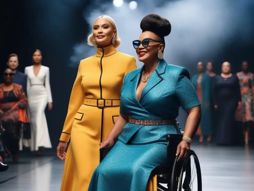 Desfile de moda inclusivo: diversidad y empoderamiento en prendas adaptadas Desfile de moda adaptativa inclusiva y diversa con modelos con discapacidades luciendo prendas modernas y empoderadas