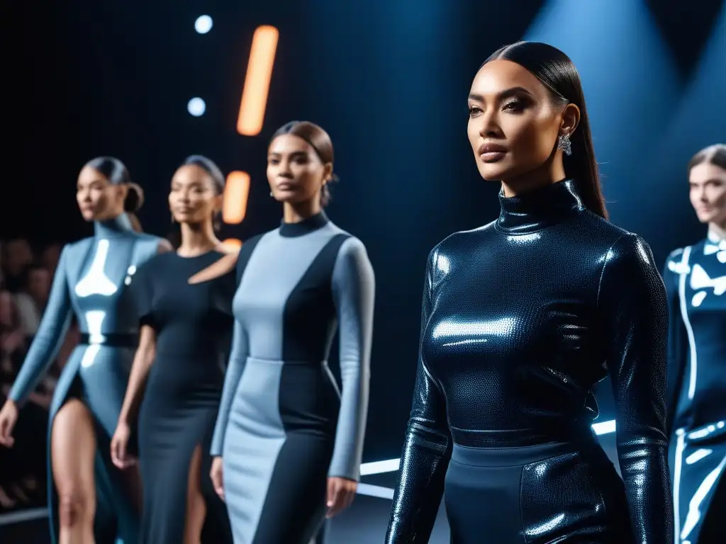Desfile futurista de moda inclusiva y adaptativa con modelos diversos Desfile de moda adaptativa inclusiva y diversa en una pasarela futurista