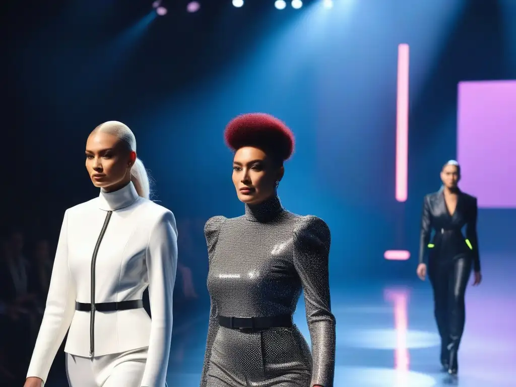 Moda adaptable: desfile futurista incluyente y empoderador Desfile de moda adaptativa inclusiva para diversos cuerpos, en una pasarela futurista iluminada con luces de neón